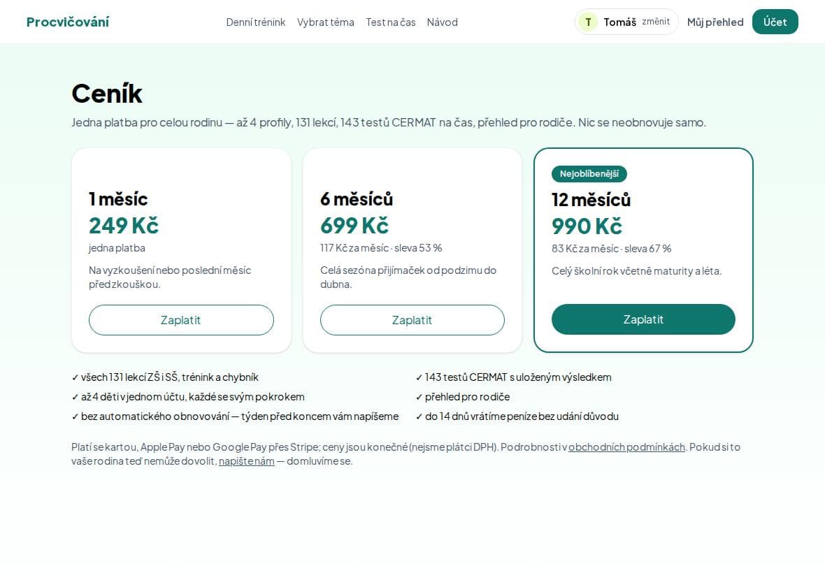 Ceník: 249 Kč za měsíc, 699 Kč za půl roku, 990 Kč za rok.