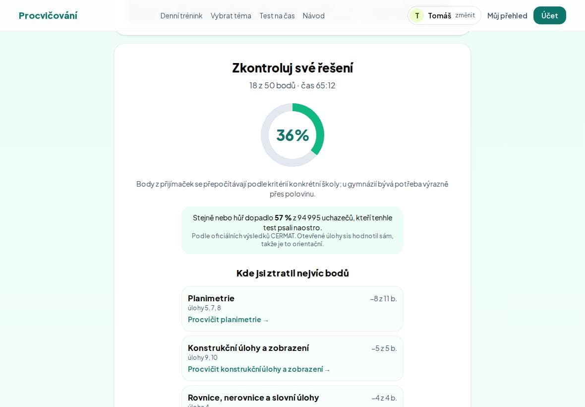 Výsledek testu: 18 z 50 bodů, stejně nebo hůř dopadlo 57 % uchazečů, Kde jsi ztratil nejvíc bodů: Planimetrie.