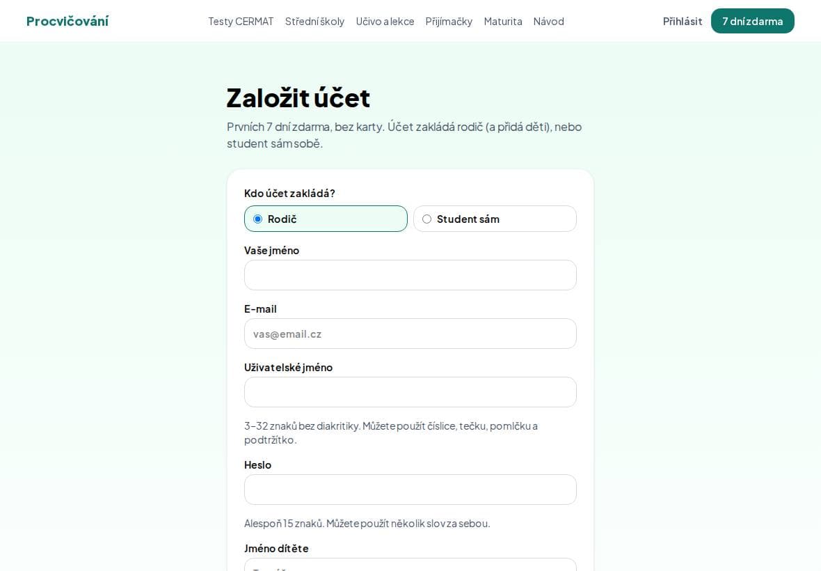 Registrace: Kdo účet zakládá? Rodič, nebo Student sám.