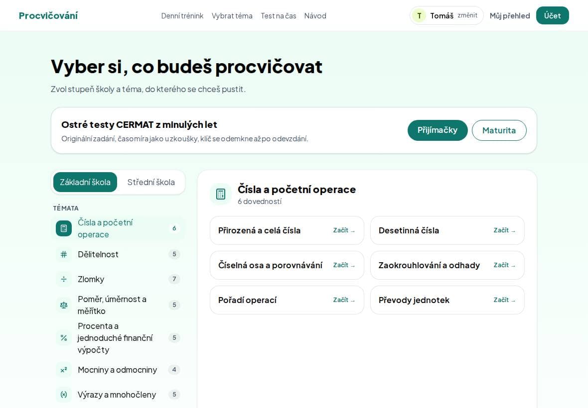 Vybrat téma: Základní škola, téma Čísla a početní operace, šest dovedností.