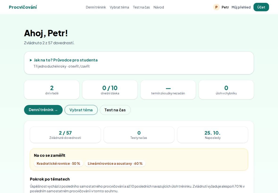 Přehled studenta Petra: dny v řadě, dnešní dávka, chybník, Na co se zaměřit.