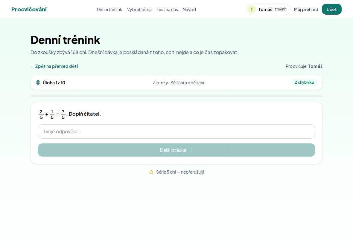 Denní trénink: Úloha 1 z 10, Zlomky, štítek Z chybníku, série 5 dní.