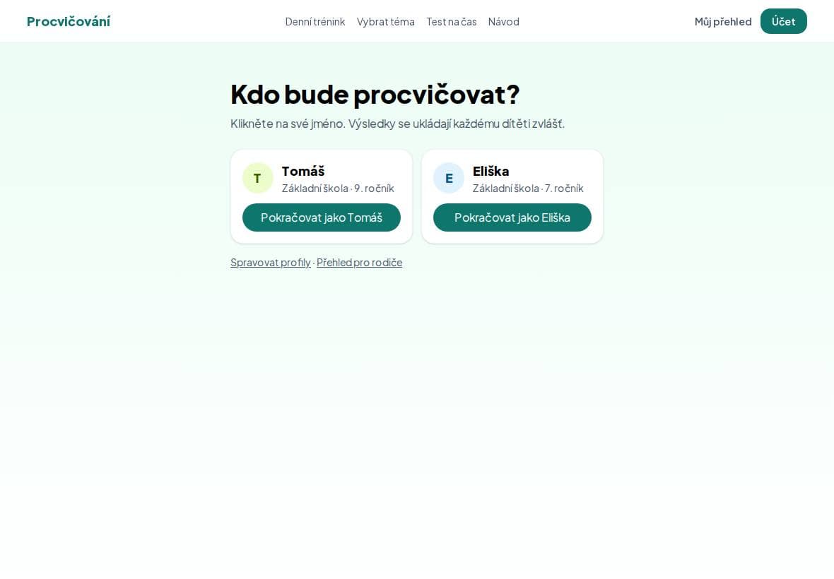 Výběr profilu: Tomáš a Eliška, každý se svou barvou.